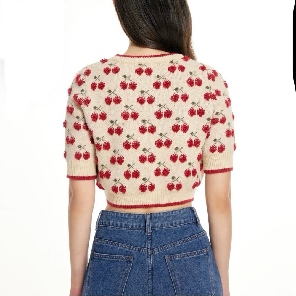 Cider Cherry Pattern Knitted Crop Top With Contrasting Binding - Picture 2 of 7
